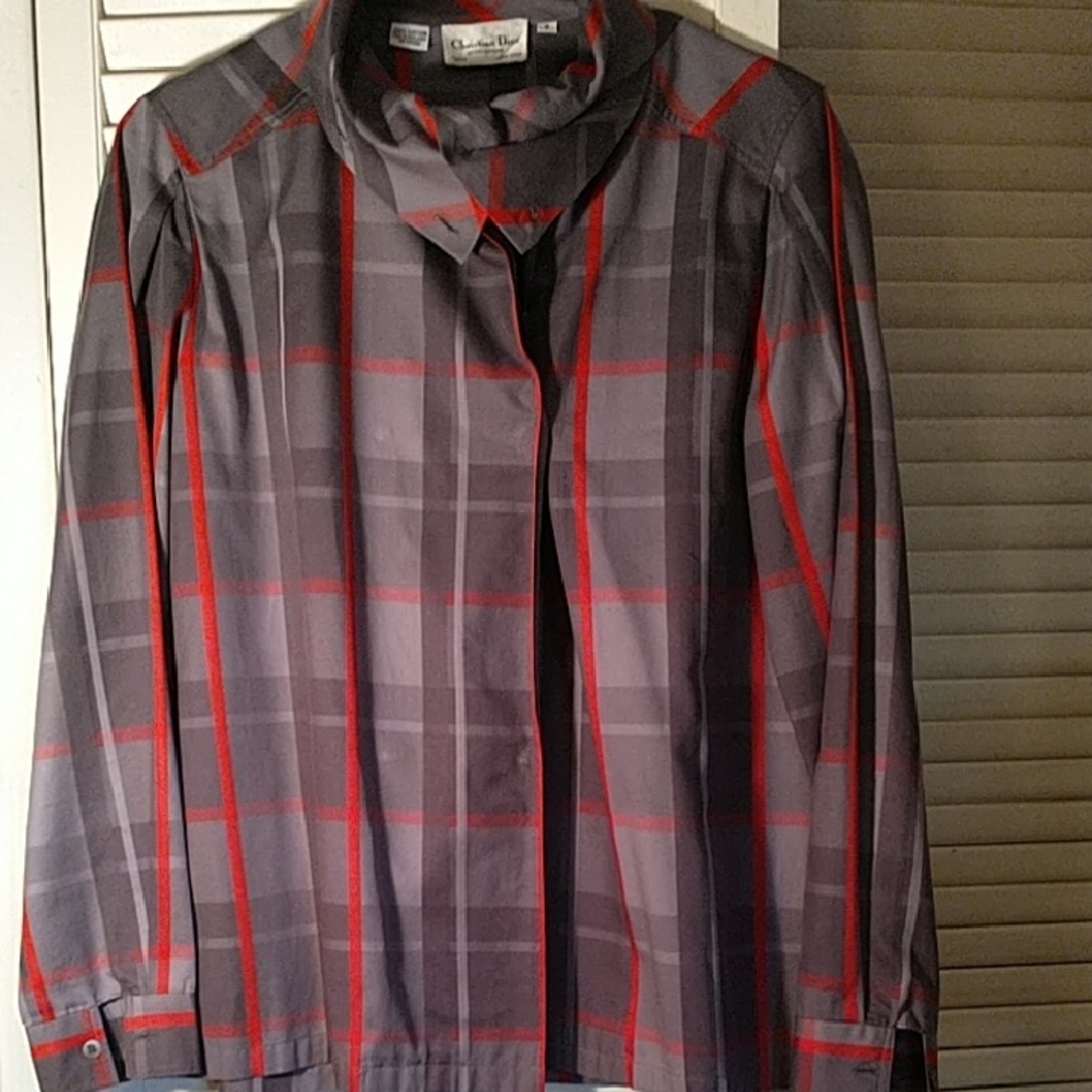 Christian Dior long sleeve top gray red hidden buttons cowl neck w/ button nsz 6